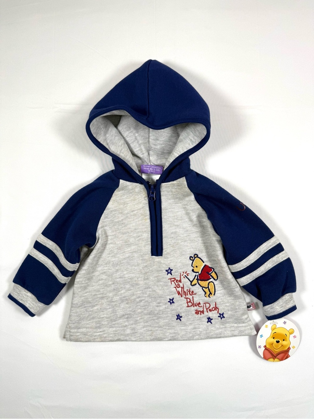 NWT VINTAGE DISNEY Winnie The Pooh Patriotic USA Quarter Zip Hoodie 3-6M Y2K NEW